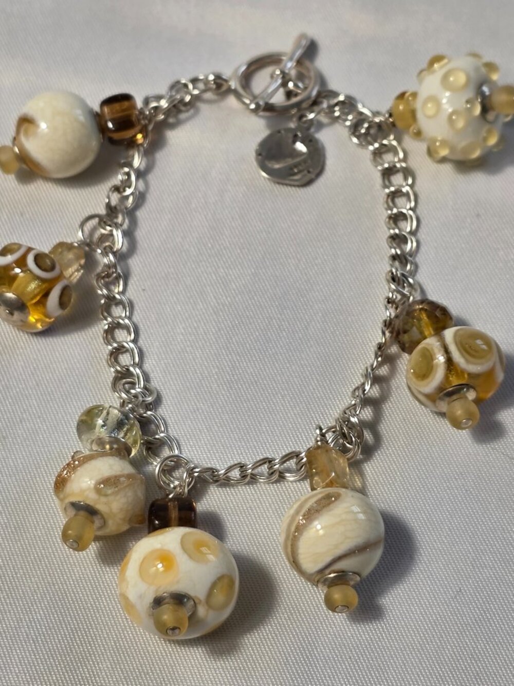 925 Sterling Silver Charm Bracelet Cream, Yellow & Brown Lampwork Beads